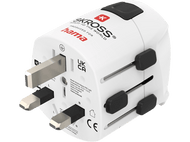 Adaptateur de voyage universel blanc avec plusieurs types de prises et un bouton noir.