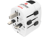 Un adaptateur de voyage blanc avec plusieurs configurations de prise et des curseurs noirs.