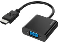 Adaptateur HDMI vers VGA noir avec câble. L'appareil a un connecteur HDMI et un port VGA.