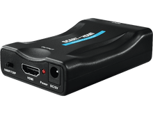 Charger l&#39;image dans la galerie, Un convertisseur SCART vers HDMI noir avec des ports étiquetés et un indicateur d&#39;alimentation rouge.
