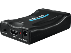 Un convertisseur SCART vers HDMI noir avec des ports étiquetés et un indicateur d