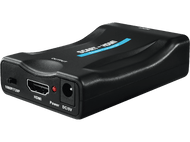 Un convertisseur SCART vers HDMI noir avec des ports étiquetés et un indicateur d'alimentation rouge.