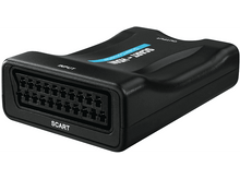 Charger l&#39;image dans la galerie, Un convertisseur SCART vers HDMI noir avec des ports d&#39;entrée et de sortie est montré.
