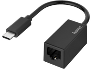Adaptateur USB-C vers Ethernet noir. Boîtier noir, port USB-C et port Ethernet.
