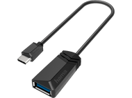 Adaptateur USB-C vers USB noir. Boîtier noir, port USB-C et port USB.