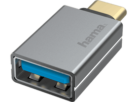 Adaptateur USB-C vers USB-A argenté. Corps gris et port USB-A bleu.