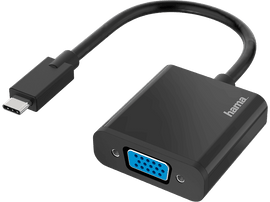 Adaptateur Hama noir avec un connecteur USB-C et un port VGA. Fond noir.