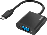 Adaptateur Hama noir avec un connecteur USB-C et un port VGA. Fond noir.