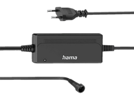 Adaptateur secteur et câble noirs avec une prise et un connecteur, le tout sur fond blanc.