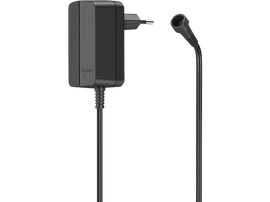 Chargeur Hama noir avec câble noir et connecteur, sur fond noir.