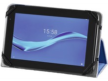 Charger l&#39;image dans la galerie, Une tablette dans un étui, affichant l&#39;écran avec l&#39;heure 15:58. L&#39;étui est bleu.
