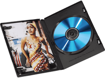 Boîtier DVD ouvert, une femme en robe et un disque bleu à l'intérieur.