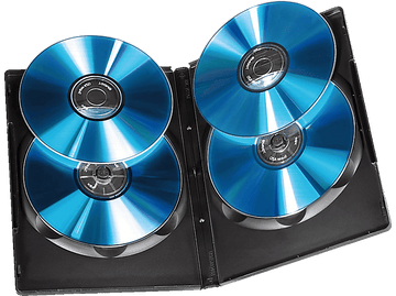 Boîtier DVD ouvert avec quatre disques bleutés.