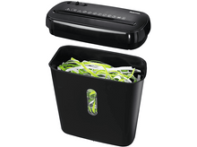 Charger l&#39;image dans la galerie, Déchiqueteuse de papier et poubelle noires. Papier déchiqueté dans la poubelle.
