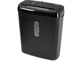 Déchiqueteuse noire avec fenêtre visible et panneau de commande. Sur une surface blanche.