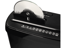 Charger l&#39;image dans la galerie, Déchiqueteuse de CD noire avec un CD inséré, avec des symboles de sécurité et du texte.
