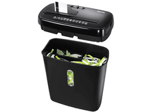 Charger l&#39;image dans la galerie, Déchiqueteuse de papier noire avec une feuille de papier blanche étant déchiquetée dans le bac.
