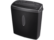 Déchiqueteuse de papier noire avec un couvercle noir, une fenêtre transparente au milieu.