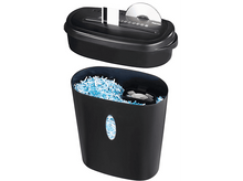 Charger l&#39;image dans la galerie, Déchiqueteuse de papier noire avec fente pour CD et bac en dessous. Sur fond blanc.
