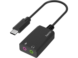 Adaptateur audio noir avec connecteur USB-C, prises audio rose et verte, logo 