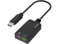 Adaptateur audio noir avec connecteur USB-C, prises audio rose et verte, logo 'hama'.