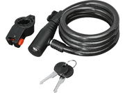 Antivol de vélo noir avec clés et support de montage.