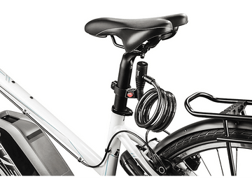 Selle de vélo, cadre et un antivol à câble noir attaché.