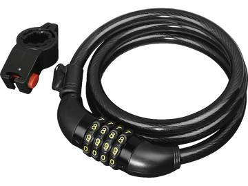 Antivol de vélo noir avec combinaison. Câble noir enroulé. Support inclus.