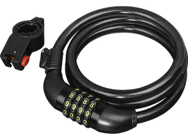 Antivol de vélo noir avec combinaison. Câble noir enroulé. Support inclus.