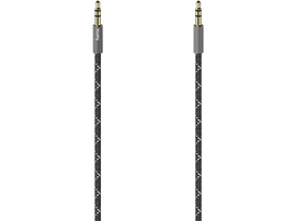 Câble audio. Conception tressée noire et blanche. Connecteurs de couleur or.