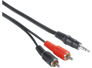 Câble audio avec connecteurs RCA noirs et rouges et prise jack 3,5 mm.