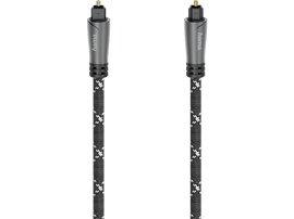 Câble audio optique. Motif noir et blanc. Connecteurs gris. Marque Hama. Fond noir.