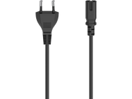 Câble d'alimentation noir avec prise UE à gauche et connecteur CEI C7 à droite, sur fond blanc.