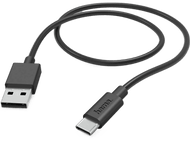 Câble noir USB vers USB-C, enroulé. Une extrémité est USB, l'autre USB-C.