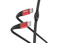 Câble de charge USB-C avec connecteurs rouges et câble tressé noir. Les extrémités sont visibles.