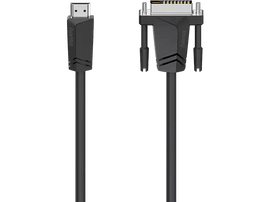 Câble HDMI vers DVI noir. Le câble a des connecteurs HDMI et DVI. Fond noir.