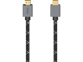 Câble HDMI avec connecteurs gris et câble à motifs noir et blanc.