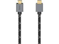 Câble HDMI avec connecteurs gris et câble à motifs noir et blanc.