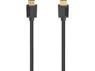 Câble HDMI noir avec connecteurs dorés. 'Hama' et 'HDMI' sont écrits sur les connecteurs.