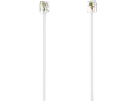 Deux câbles téléphoniques blancs. Chacun a un connecteur transparent. Fond noir.