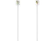 Deux câbles téléphoniques blancs. Chacun a un connecteur transparent. Fond noir.