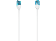 Câble réseau blanc avec connecteurs RJ45 bleus, étiquette blanche.