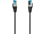 Un câble réseau noir avec un connecteur bleu.