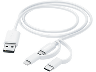Câble USB blanc avec connecteur USB, lightning et USB-C.