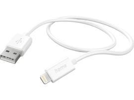 Un câble USB vers Lightning blanc, avec les connecteurs à chaque extrémité.