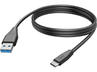 Câble USB noir, connecteurs USB et USB-C, sur fond noir.