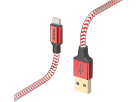 Câble de chargement USB rouge et blanc. Connecteurs Lightning et USB. Design de câble blanc et rouge.