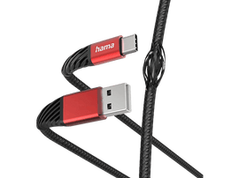 Câble de charge USB vers USB-C, extrémité USB rouge, câble tressé noir.