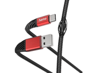 Câble de charge USB vers USB-C, extrémité USB rouge, câble tressé noir.