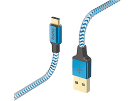 Câble USB-C vers USB bleu et blanc avec connecteurs bleus.